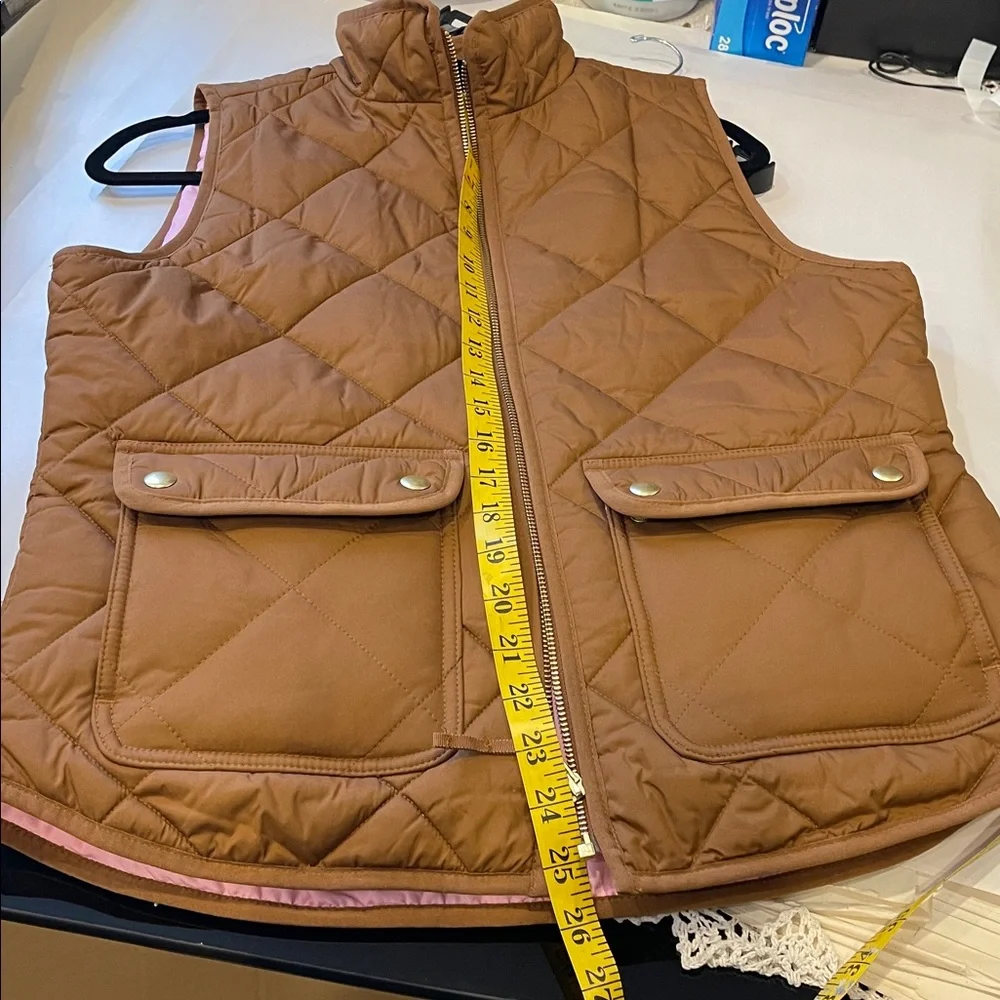 J.Crew Brown Quilted Vest Pink Lining Zip Pockets Size Small